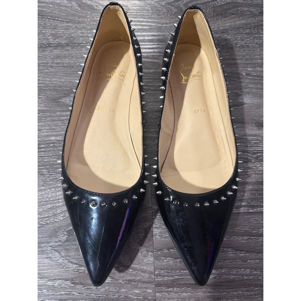 Christian Louboutin Anjalina Black Patent Leather Spiked Pointed Toe Flats 41
